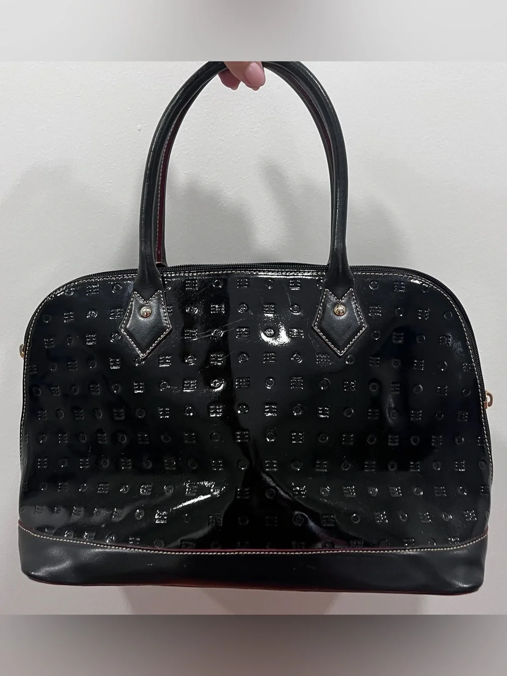Arcadia Black Patent Leather Embossed Dome Satchel Bag Made in Italy